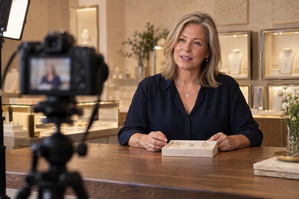 Jeweller sharing product expertise in an illustrative filming session