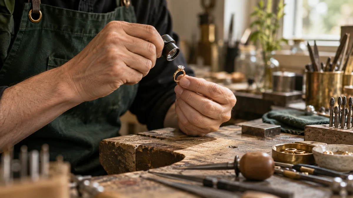 Goldsmith inspecting a ring, used in an illustrative custom-design campaign