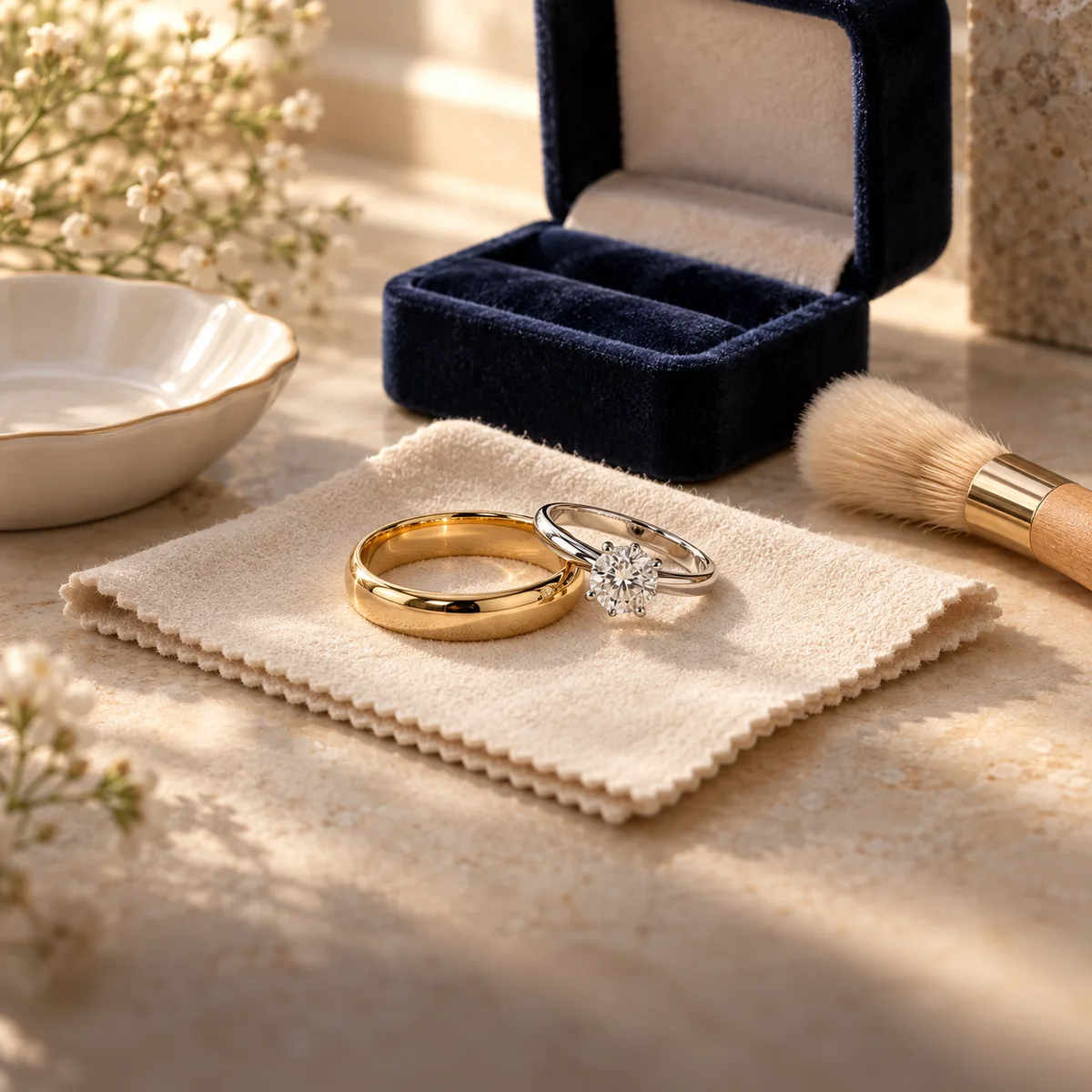 Cherished rings with a care cloth and jewellery box