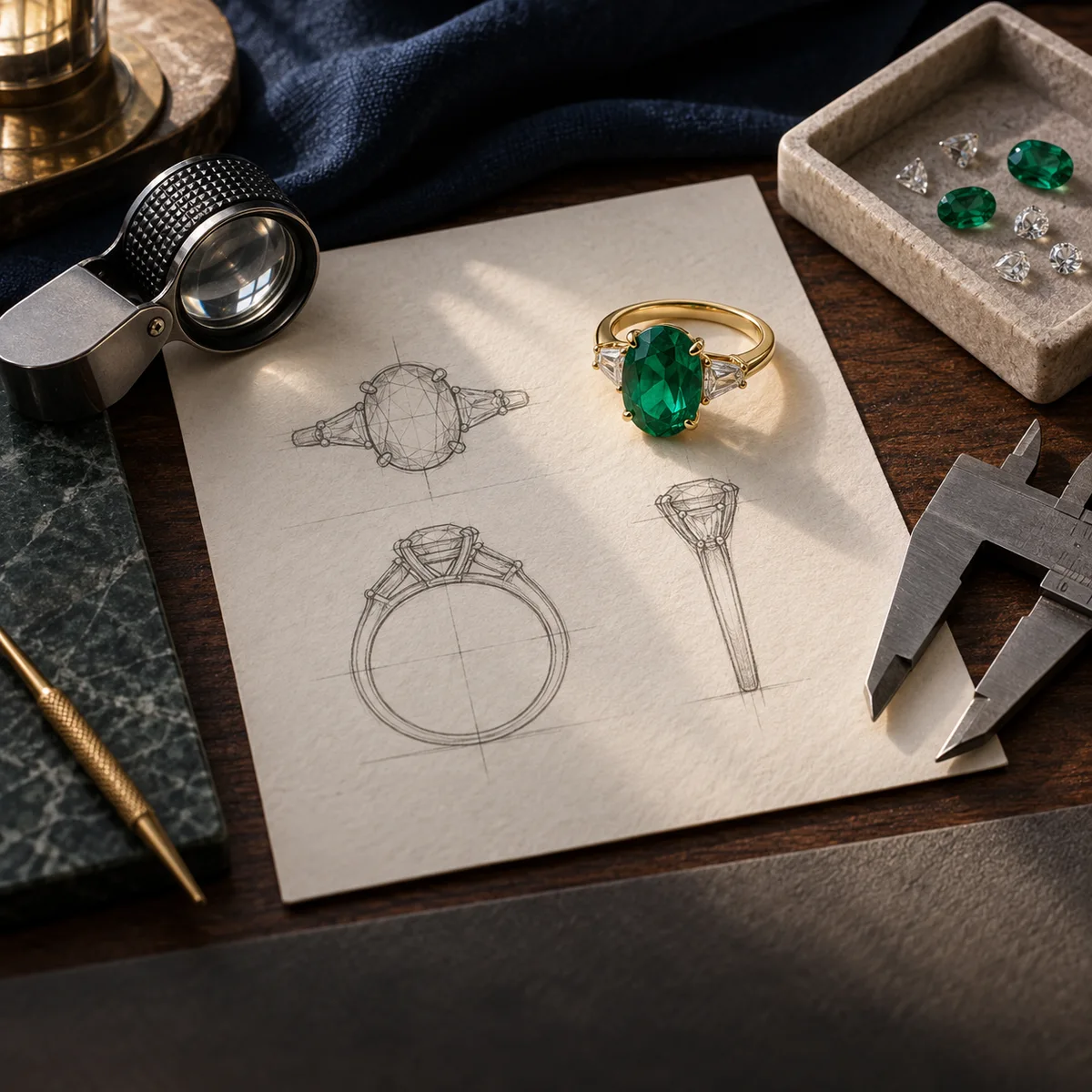 A bespoke ring alongside its design sketches