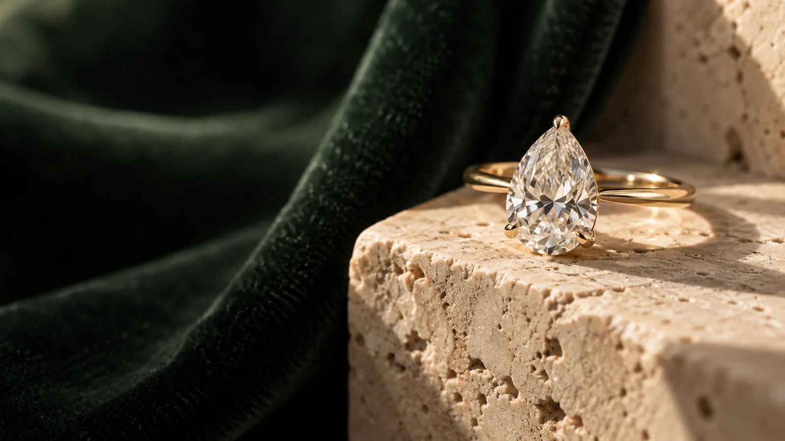 Pear-cut diamond engagement ring on warm stone and deep green velvet