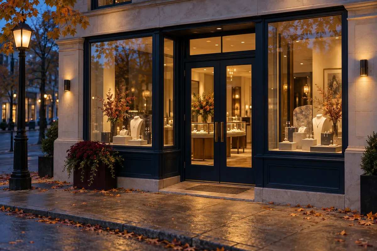 Illustrative independent jewellery storefront with welcoming illuminated displays